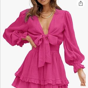 Women's Sexy V Neck Tie Front Leopard Ruffle Long Sleeve Flowy Summer Mini Dress